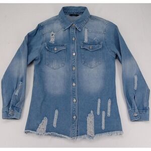 Dokotoo Jean Jacket Womens Small Blue Distressed‎ Denim Frayed Hem Long Sleeve